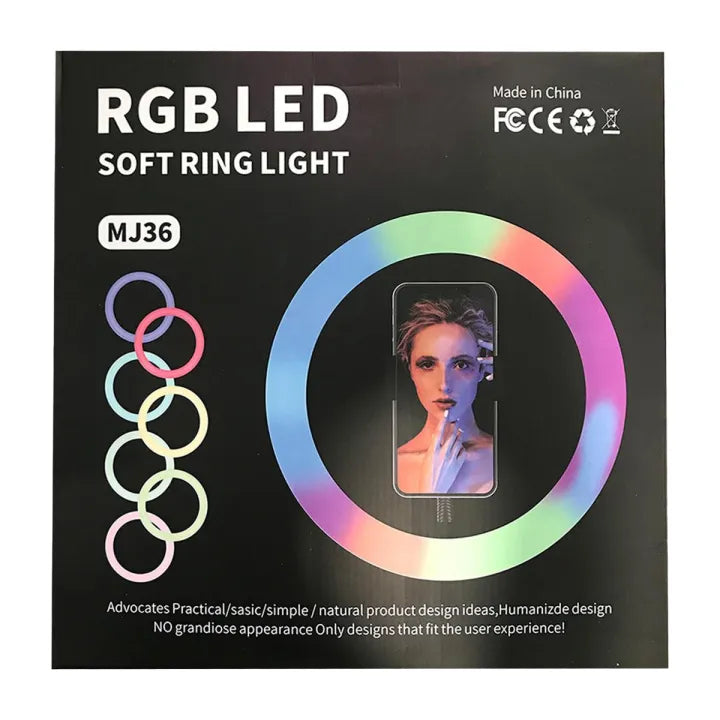 MJ36 RGB LED Ring Light 36cm with 16 Colors, Brightness Control & Phone Holder